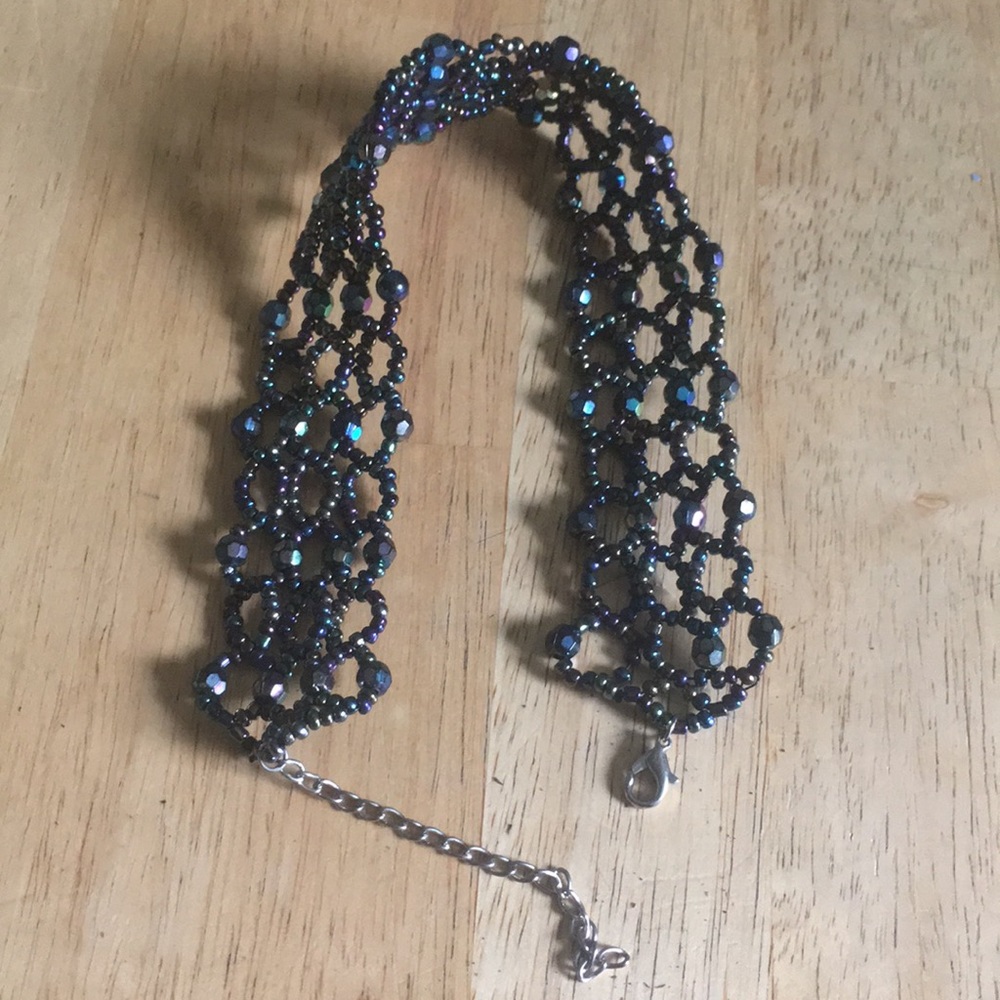Beaded Lattice Choker Necklace in Iridescent Black